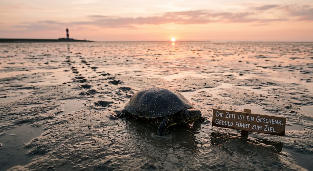 Momo Thema Schildkrüte im Watt mit einem Hinweisschild zum thema Zeit